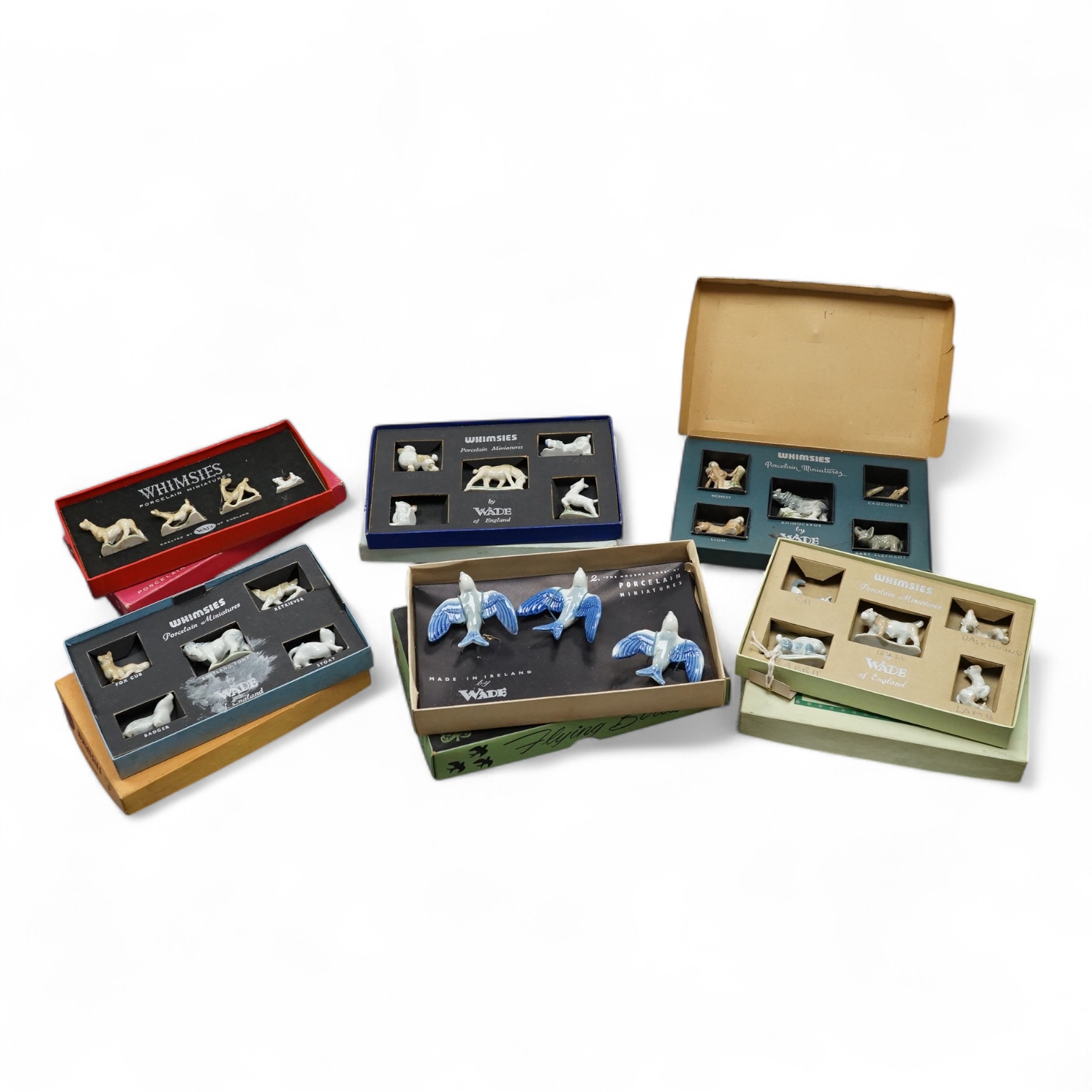 Six Wade Whimsie sets, each in original box. Largest ‘Flying Birds’ 6.5cm long. Condition - ornaments good, boxes worn